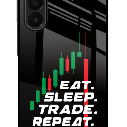 Eat Sleep Trade Repeat Samsung A27 5G Glass Case Back Cover by Casekaro