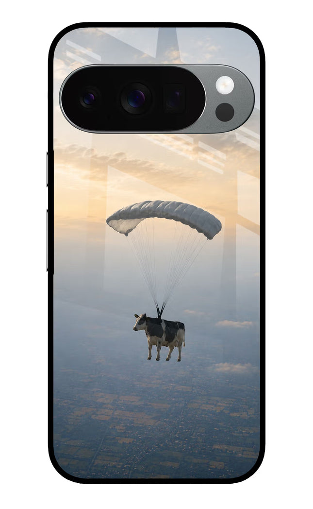 Skydiving Cow Google Pixel 10 Pro Glass Case Back Cover by Casekaro