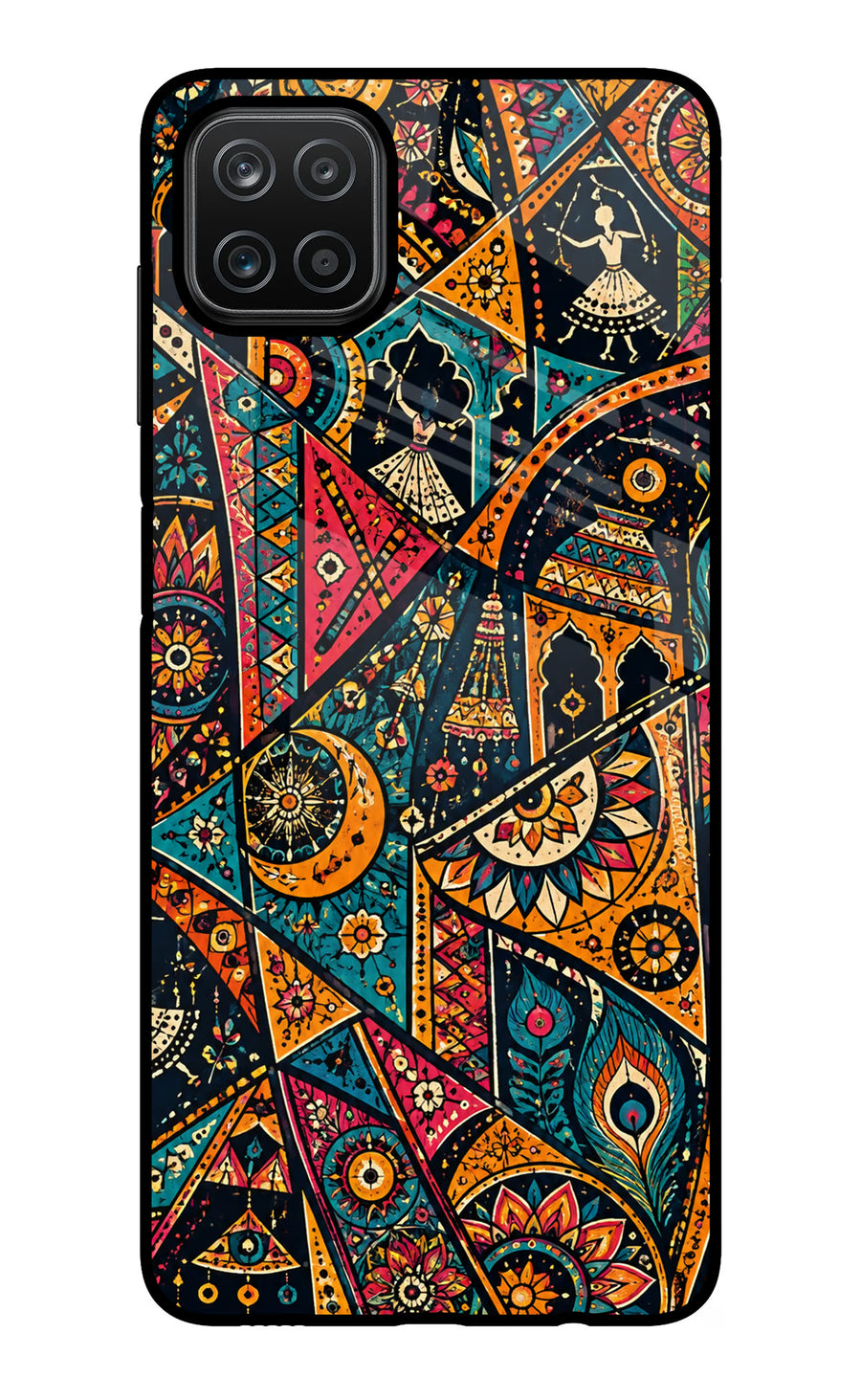 Folk Print Samsung A12 Back Cover, Glass case