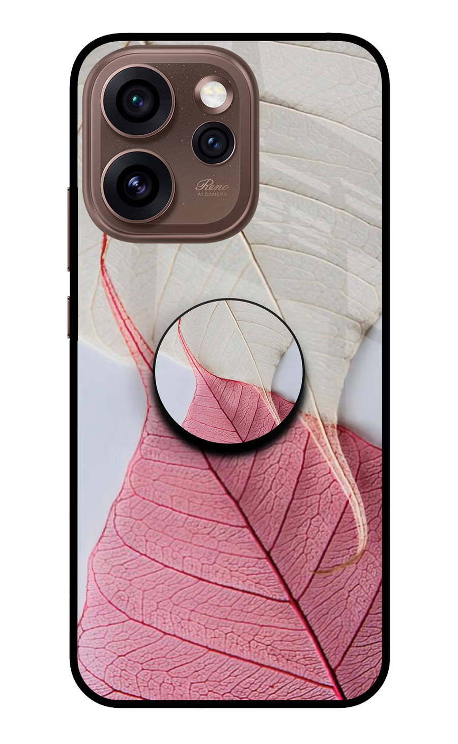 White Pink Leaf Oppo Reno15 Pro 5G Pop Case, Metal case