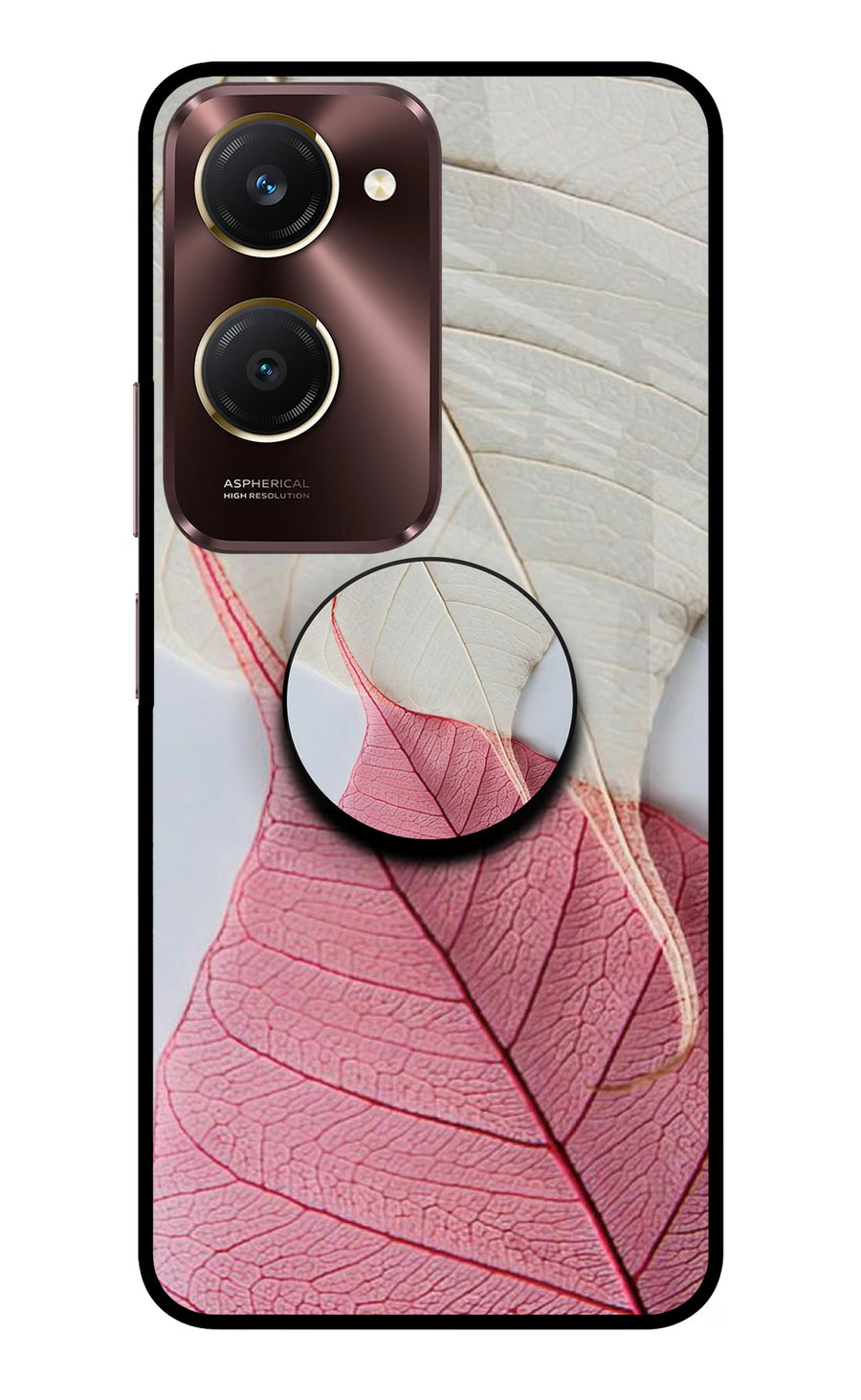 White Pink Leaf Vivo Y28e 5G Pop Case, Metal case