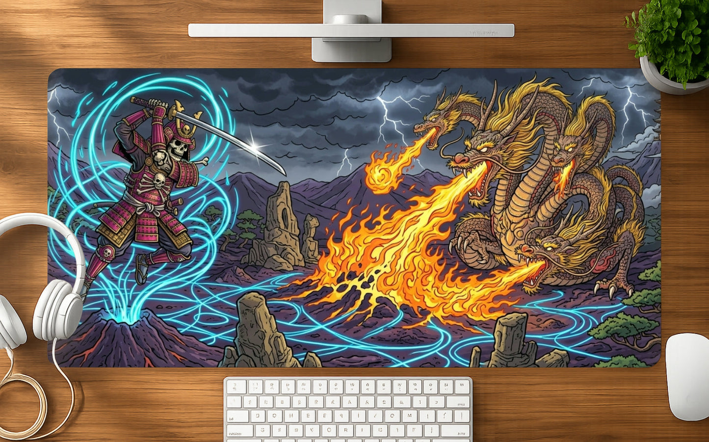 Dragon Fight mousepad mockup - 23x11 inch large gaming desk mat by Casekaro