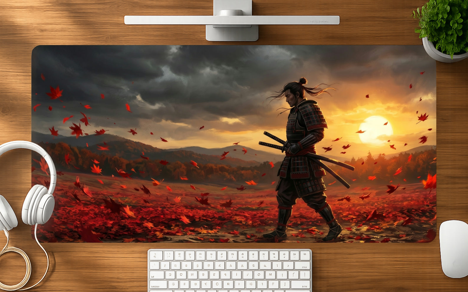 Red Samurai mousepad mockup - 23x11 inch large gaming desk mat by Casekaro