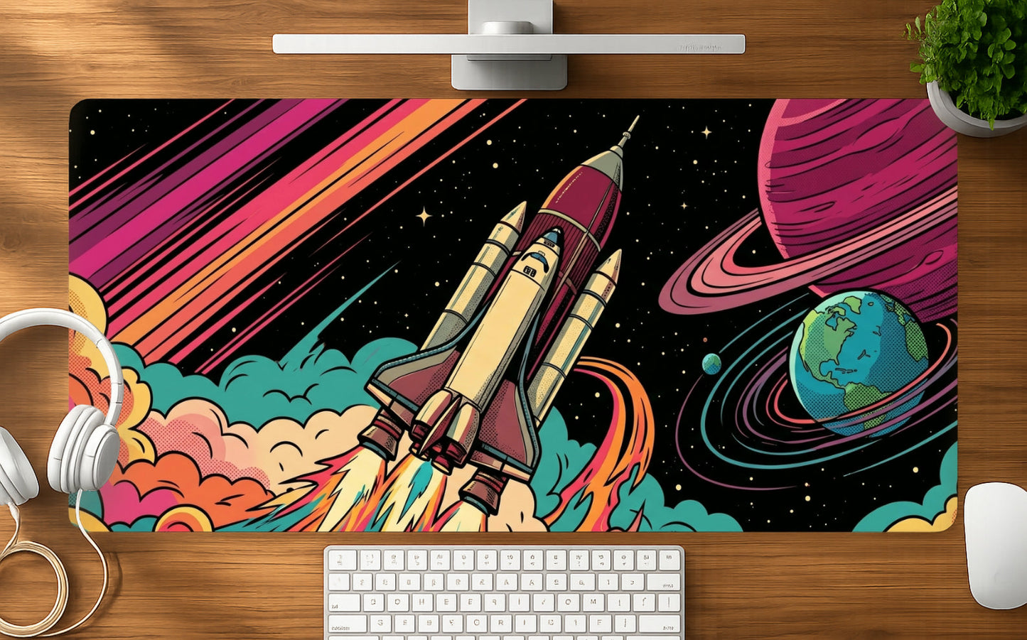 Retro Rocket mousepad mockup - 23x11 inch large gaming desk mat by Casekaro