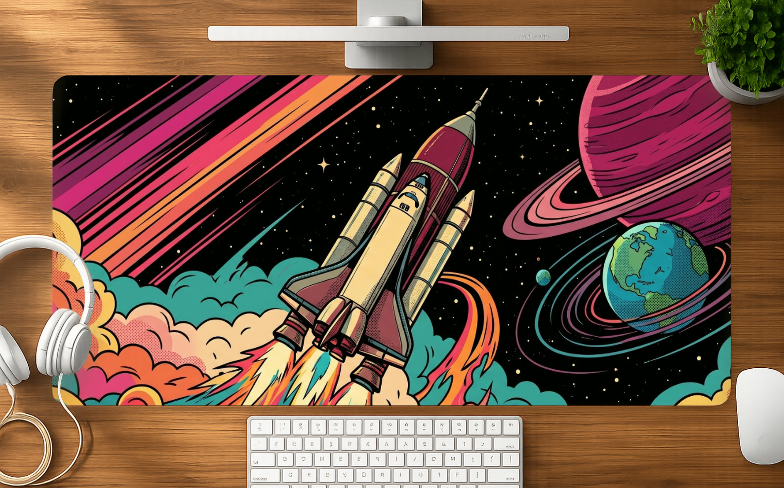 Retro Rocket mousepad mockup - 23x11 inch large gaming desk mat by Casekaro