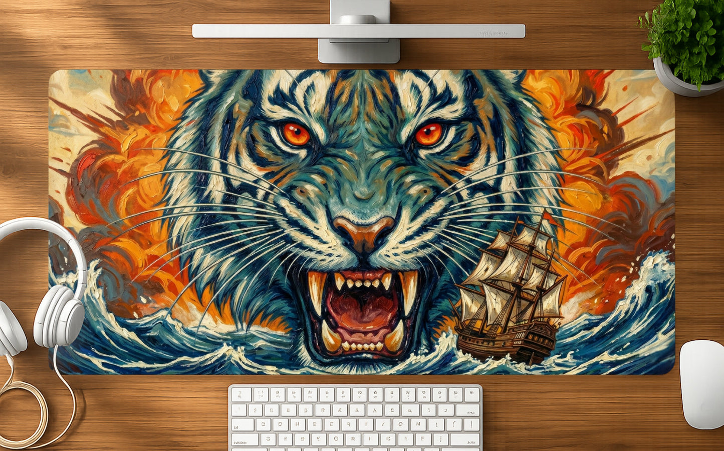 Tiger Ocean mousepad mockup - 23x11 inch large gaming desk mat by Casekaro