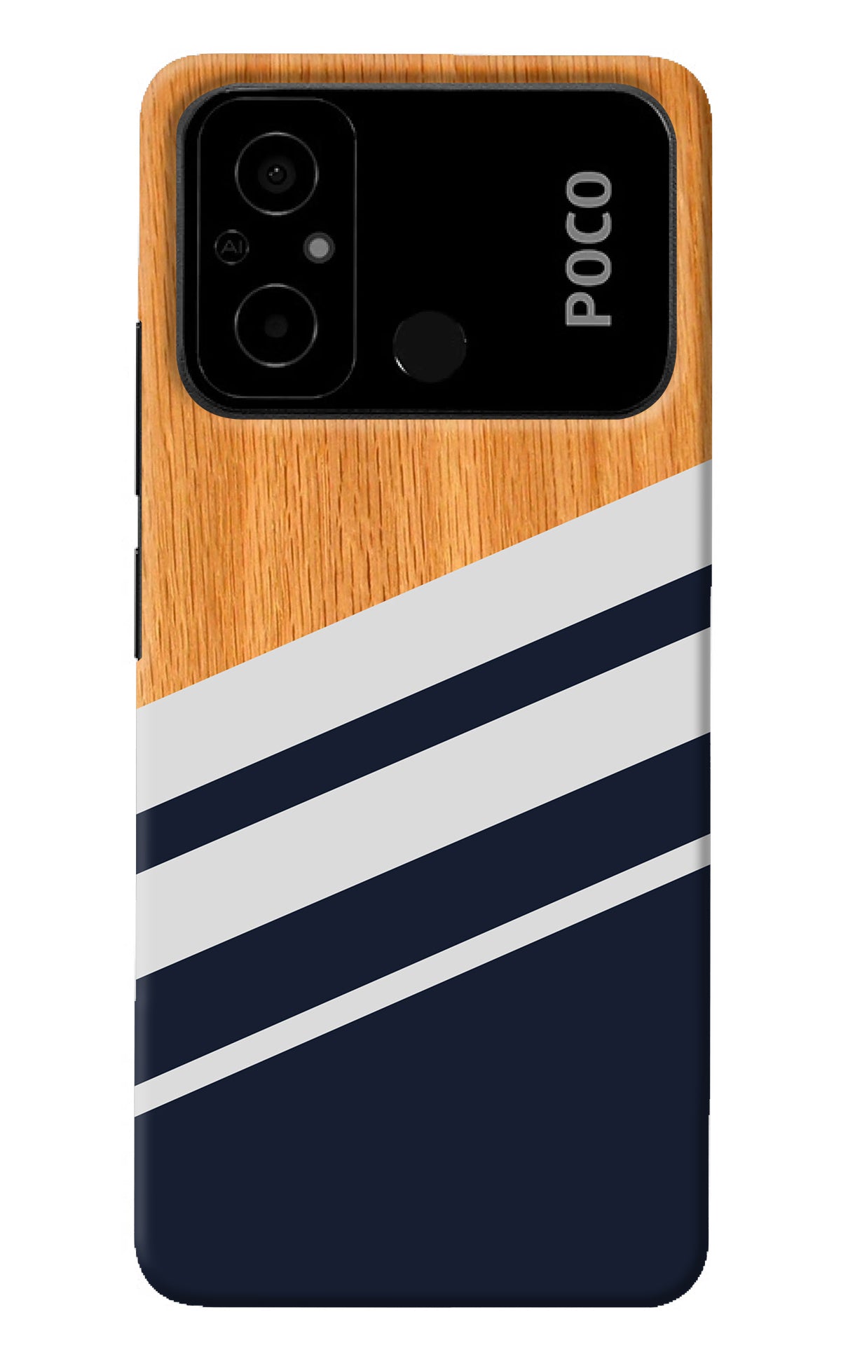 Blue and white wooden Poco C55 Back Cover